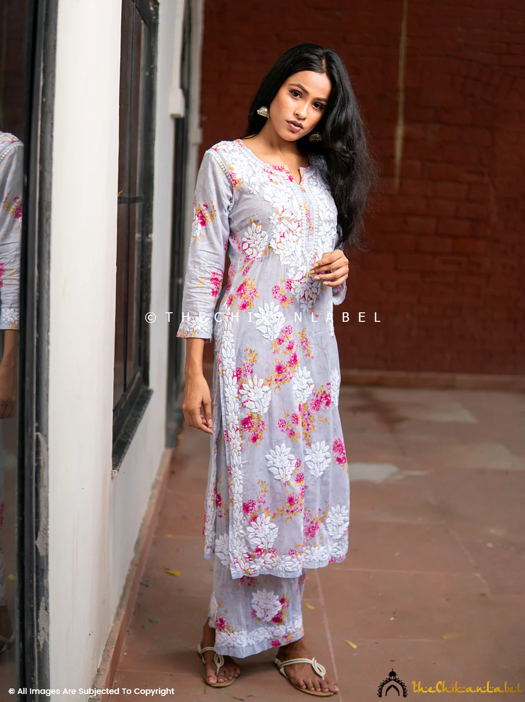 Darmiyan Mulmul Cotton Kurti Palazzo Set-Grey - Image 3