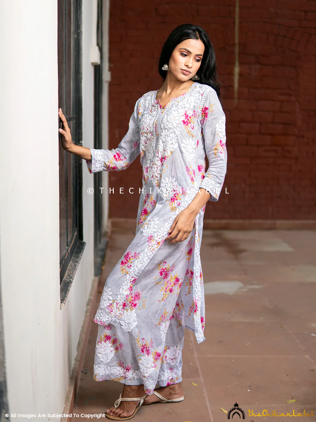 Darmiyan Mulmul Cotton Kurti Palazzo Set-Grey - Image 4