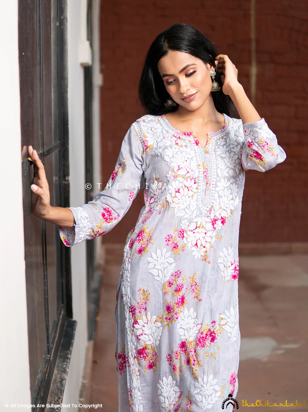 Darmiyan Mulmul Cotton Kurti Palazzo Set-Grey - Image 5