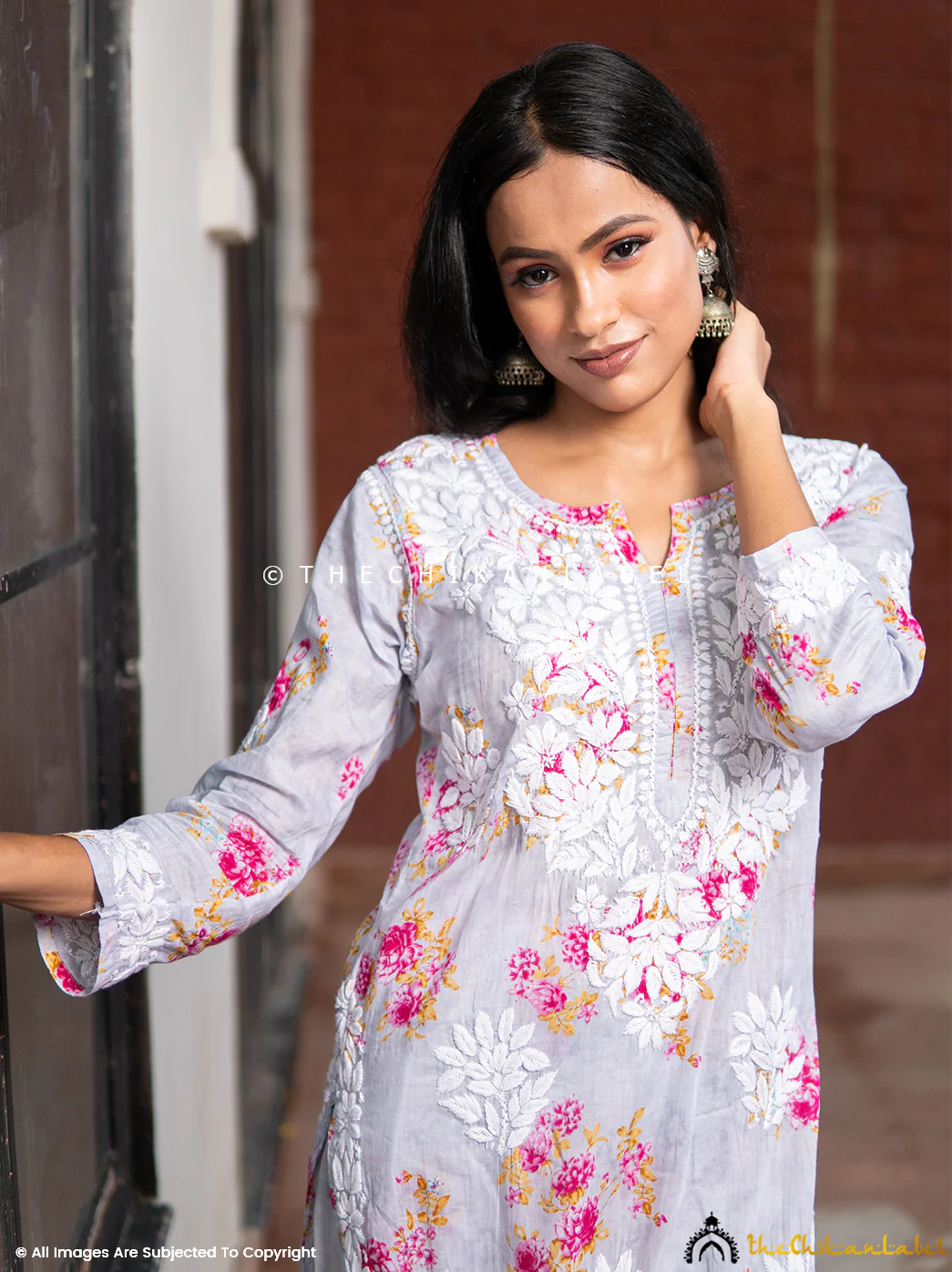 Darmiyan Mulmul Cotton Kurti Palazzo Set-Grey - Image 6