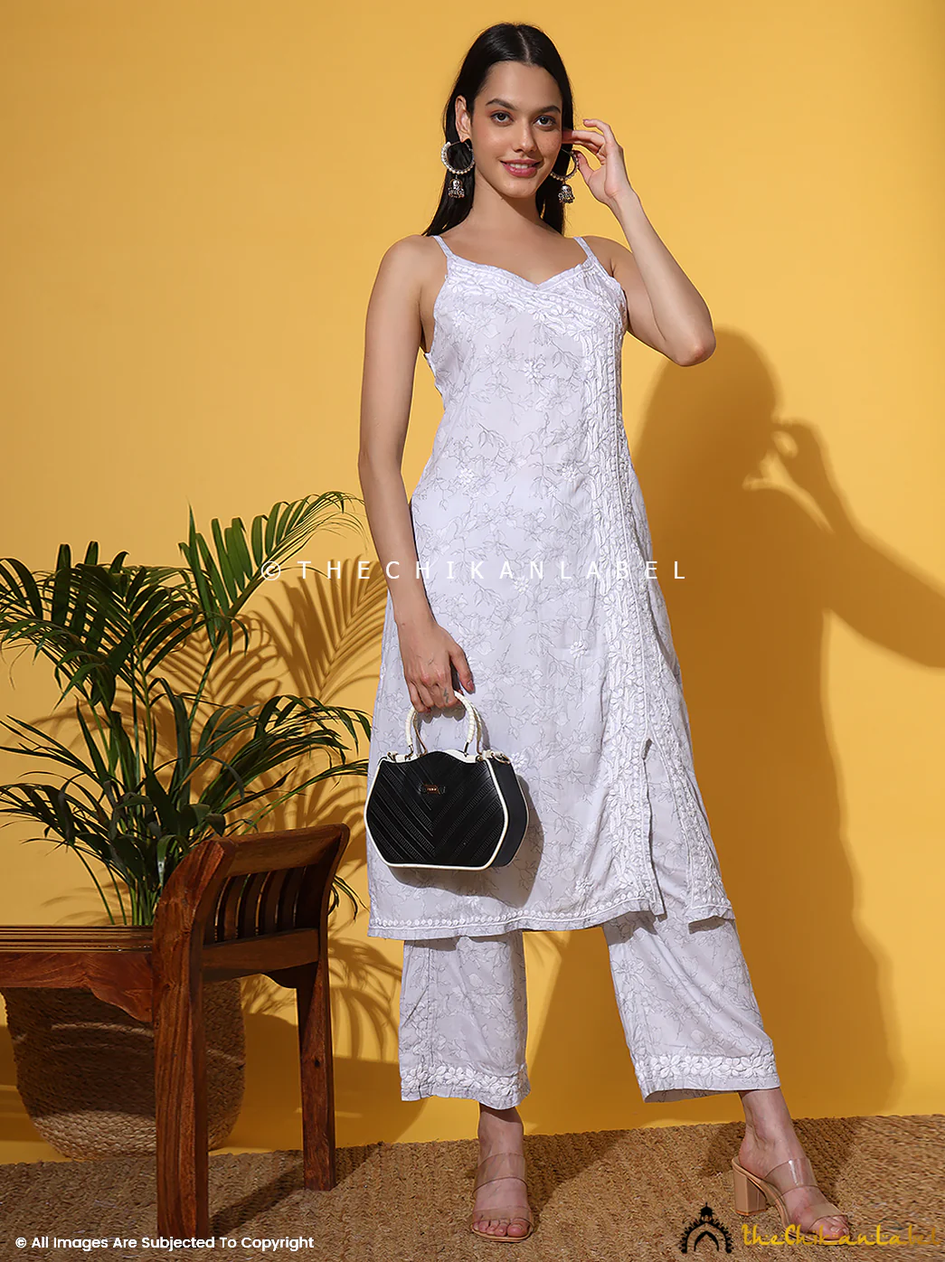 Fariha Cotton Chikankari Strappy Kurta Set - Grey - Image 11