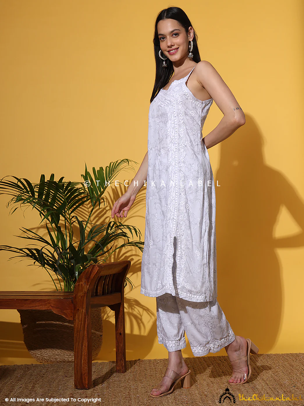 Fariha Cotton Chikankari Strappy Kurta Set - Grey - Image 13