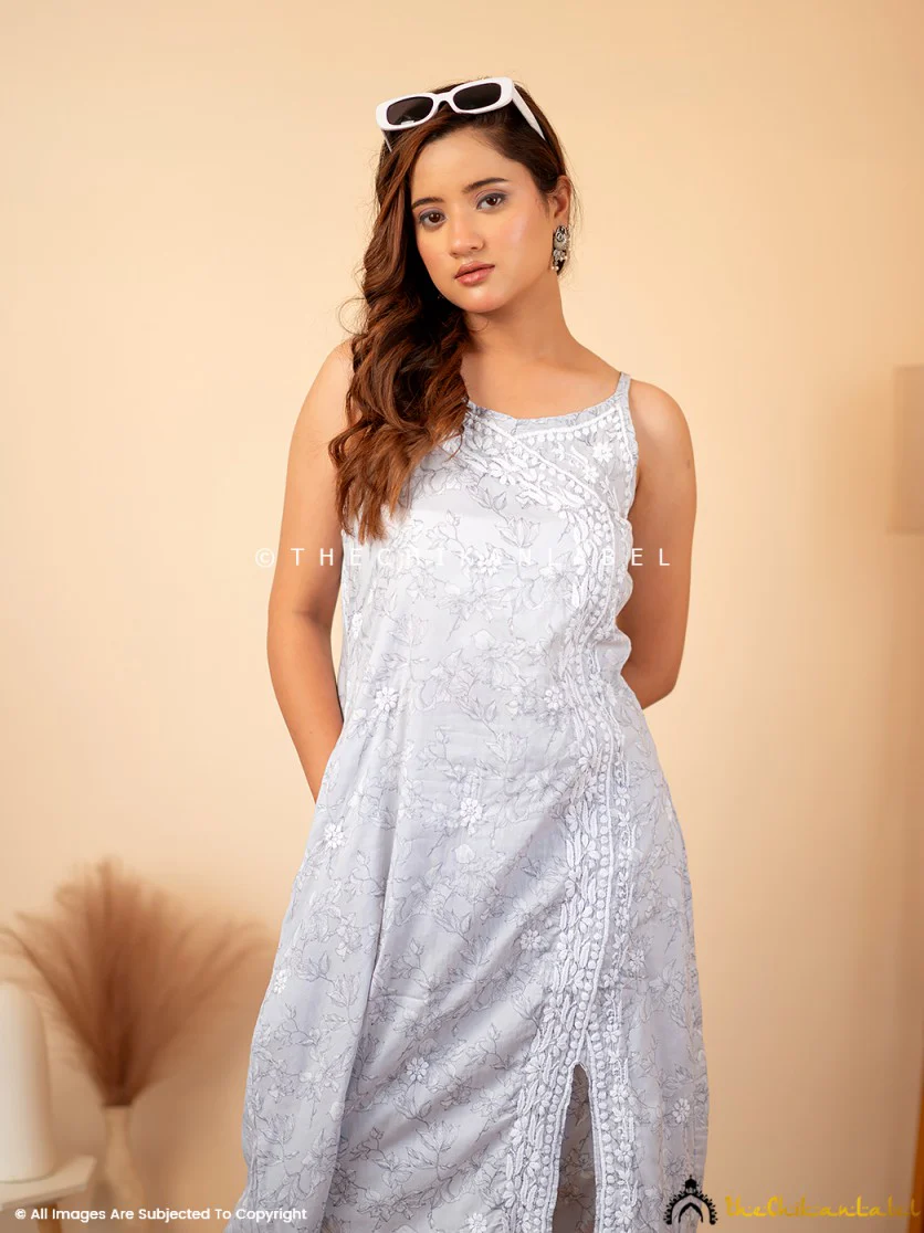 Fariha Cotton Chikankari Strappy Kurta Set - Grey - Image 9