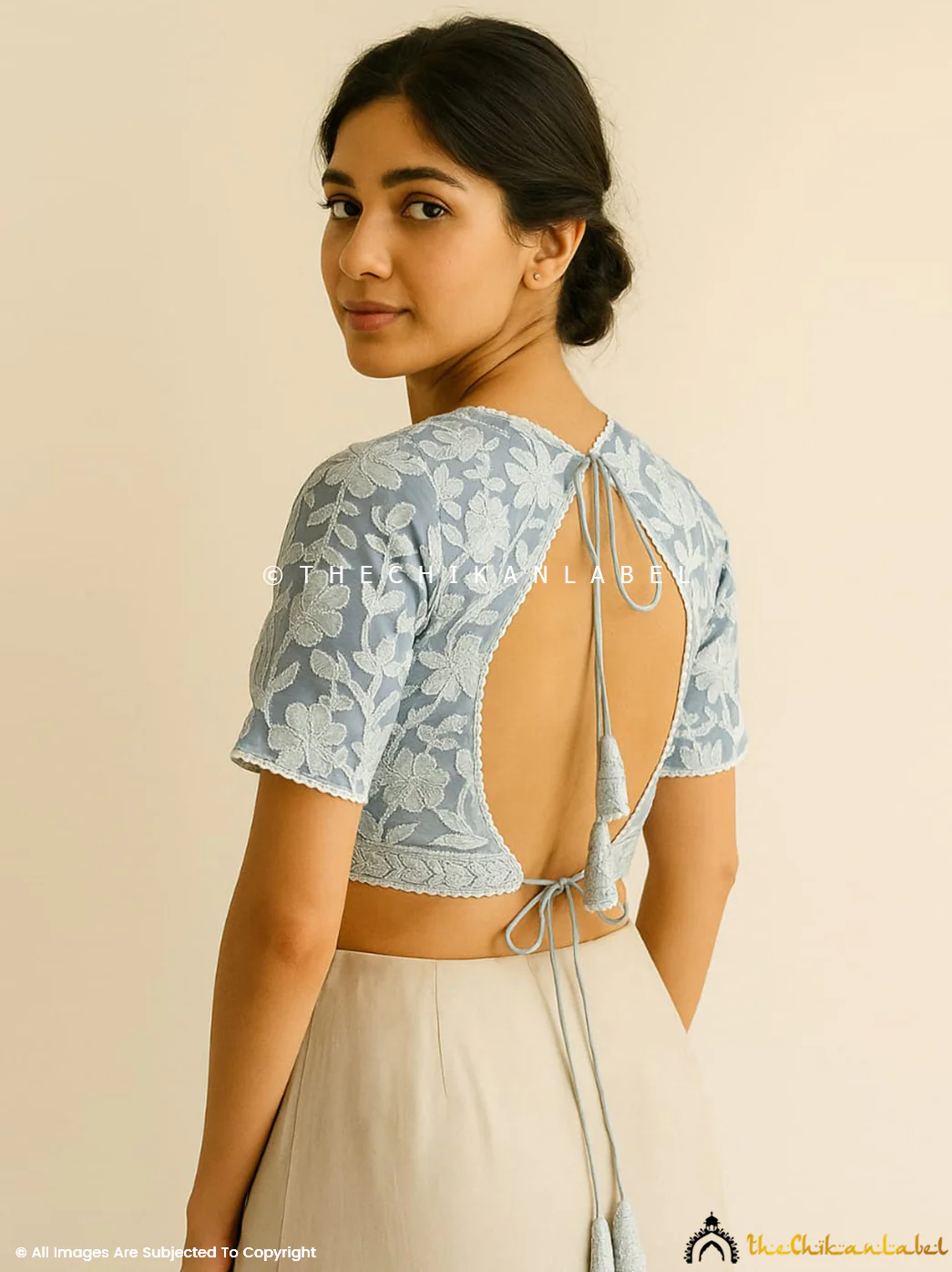 Georgette Half Sleeve Chikankari Blouse For Saree - Grey - Image 5