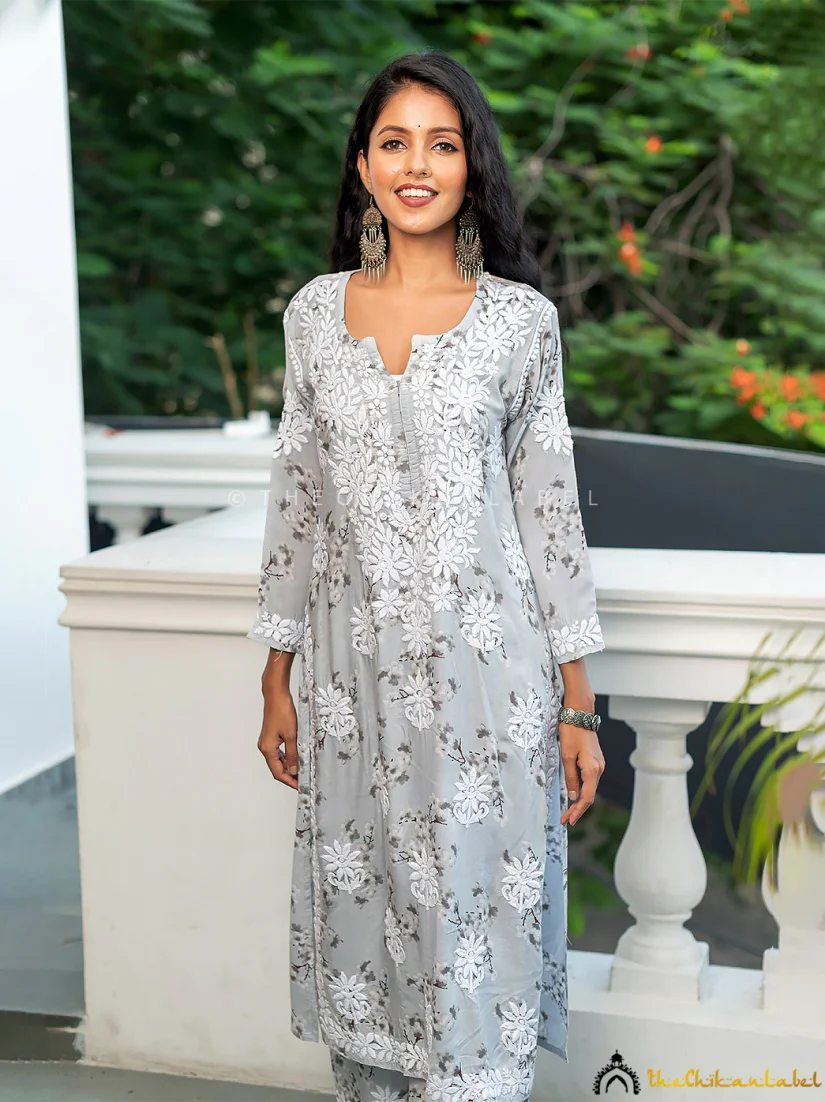 Harf Modal Chikankari Straight Kurta Set-Grey - Image 2