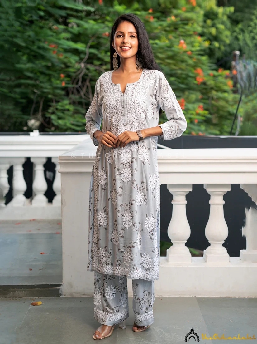 Harf Modal Chikankari Straight Kurta Set-Grey - Image 3