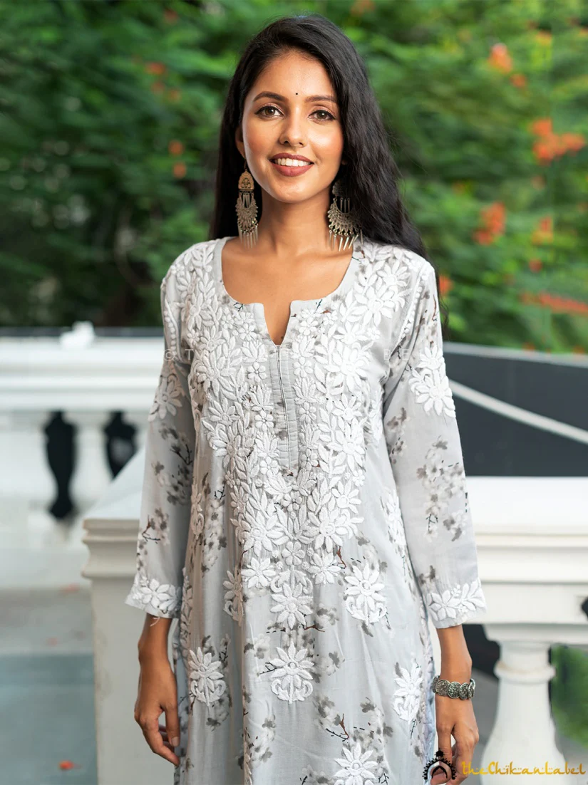 Harf Modal Chikankari Straight Kurta Set-Grey - Image 4