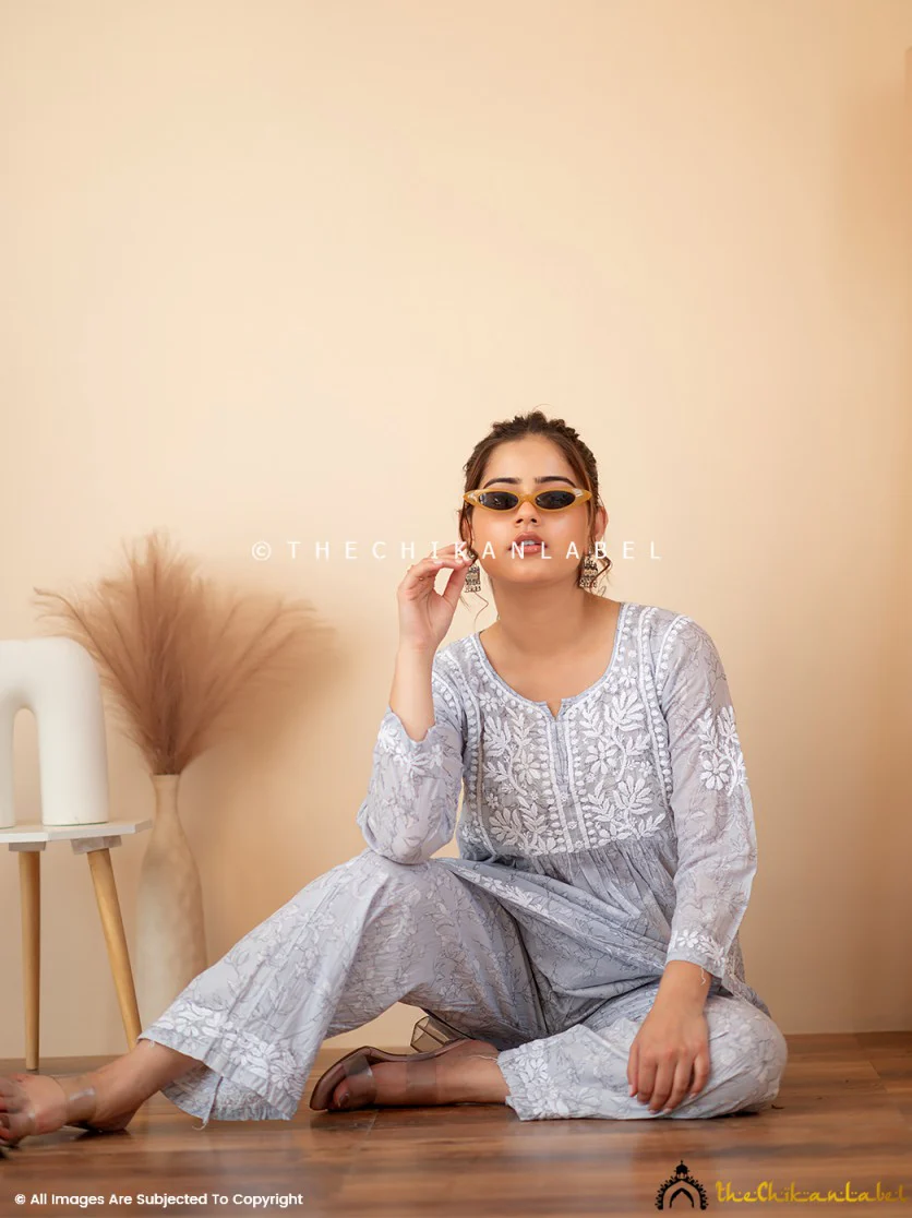 Kavya Mulmul Chikankari Kurta Set - Grey - Image 4