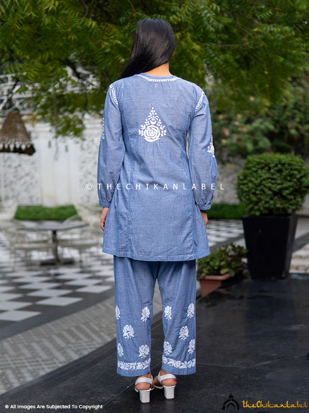 Laiba Denim Chikankari Short Kurta Set-Grey - Image 3