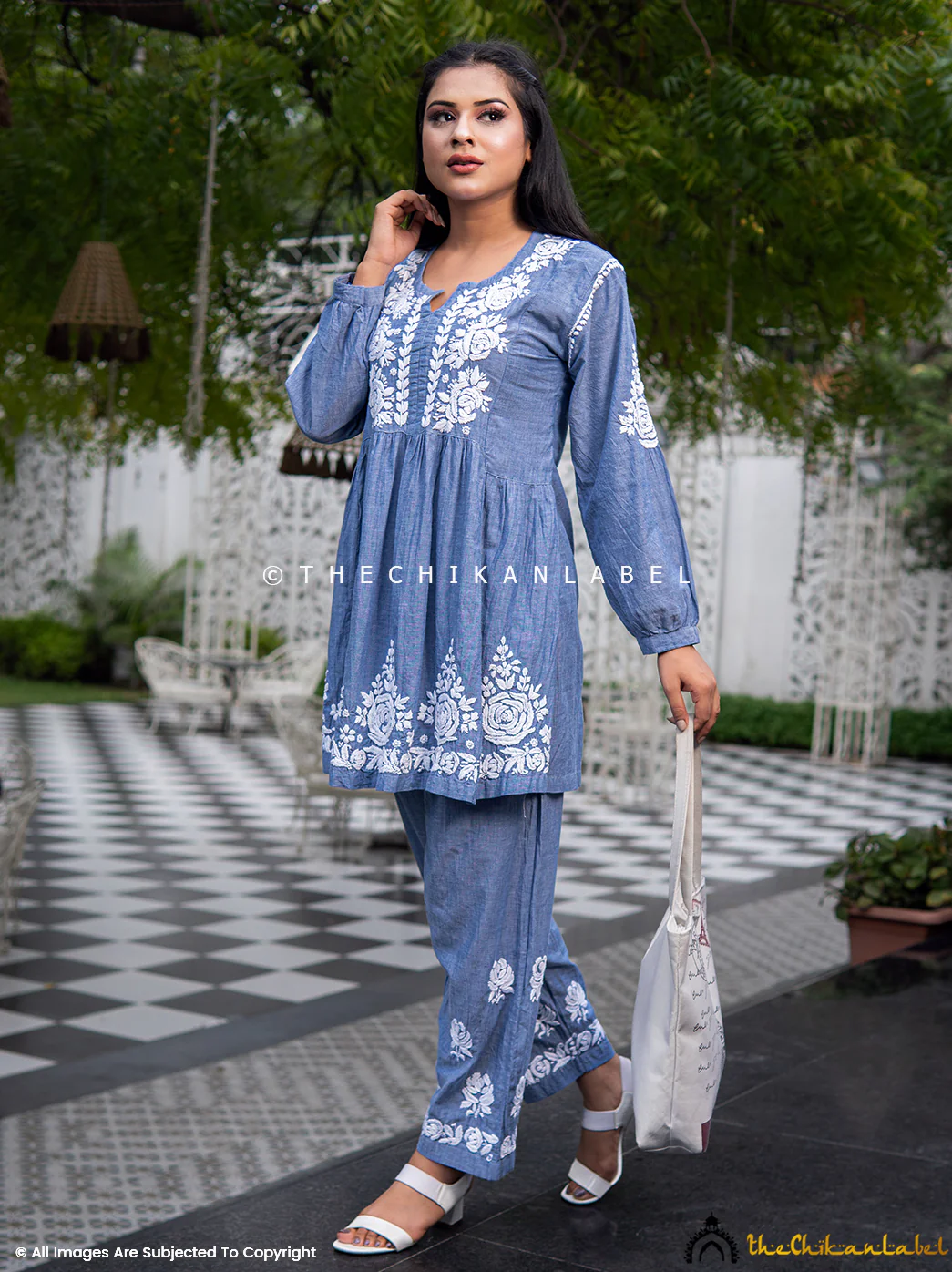 Laiba Denim Chikankari Short Kurta Set-Grey - Image 4