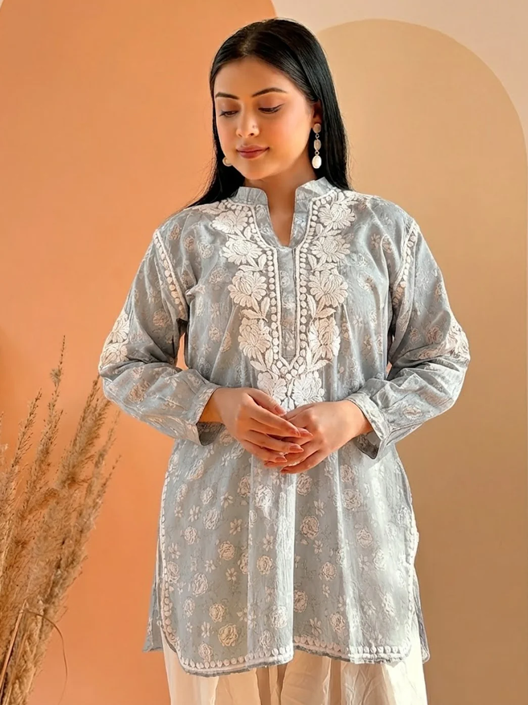 Grey Mulmul Printed Chikankari Farshi Salwar Set - Image 2