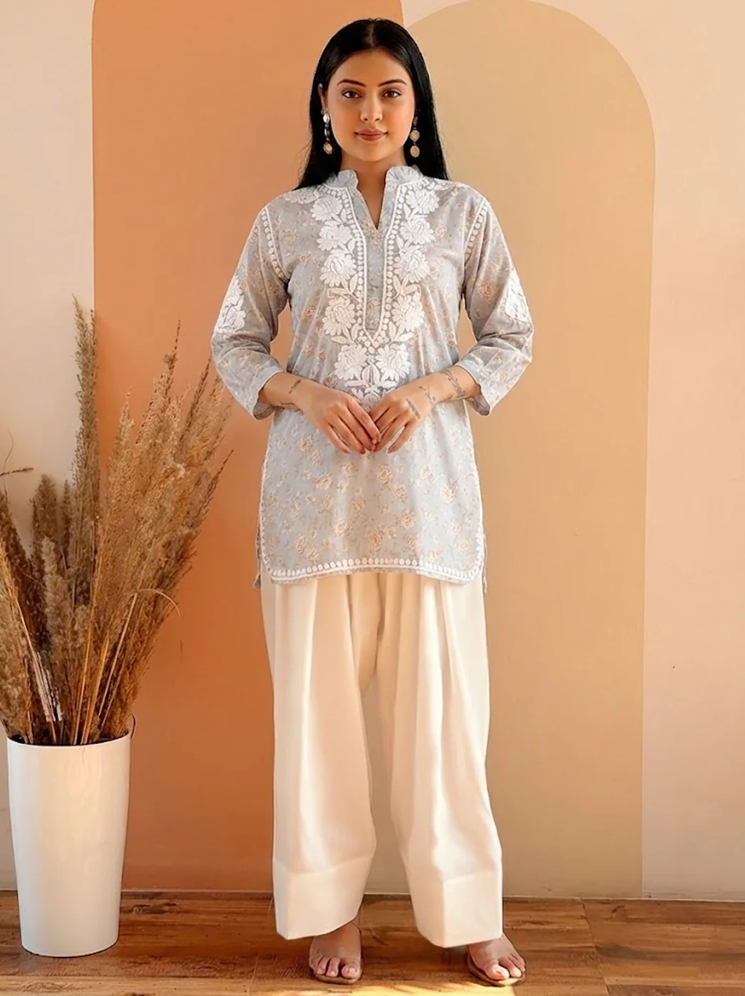 Grey Mulmul Printed Chikankari Farshi Salwar Set - Image 3