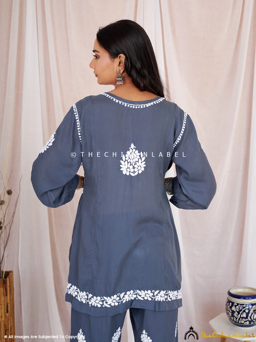 Rosa Modal Chikankari Short Kurta Set-Grey - Image 3