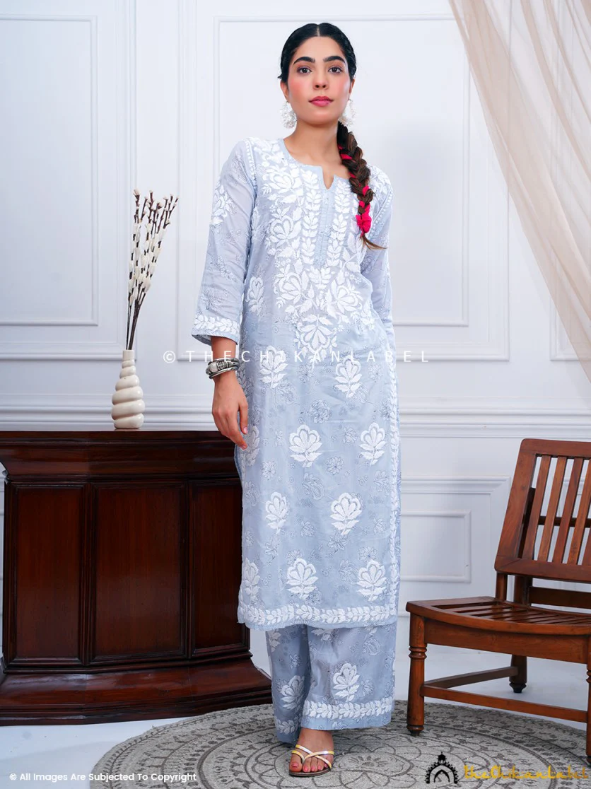 Ruwaab Mulmul Cotton Chikankari Kurta Set-Grey