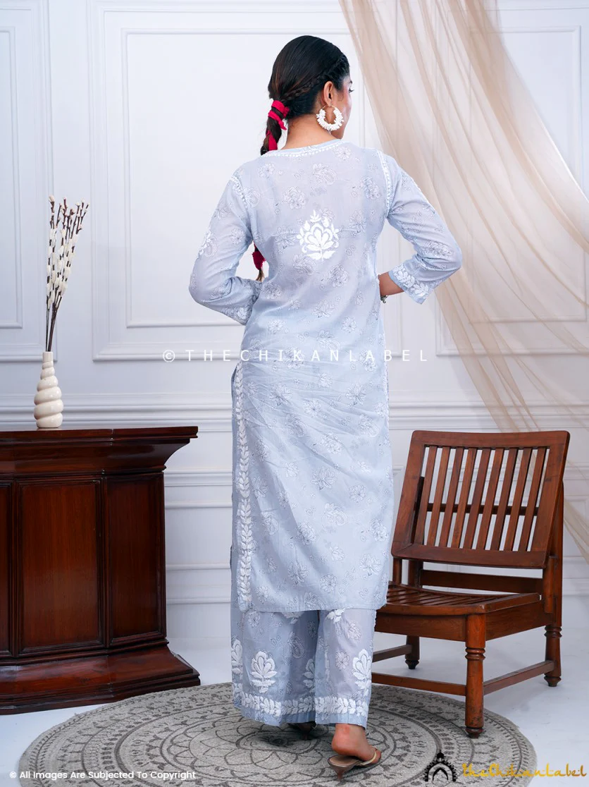 Ruwaab Mulmul Cotton Chikankari Kurta Set-Grey - Image 3