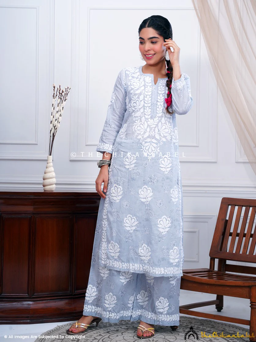 Ruwaab Mulmul Cotton Chikankari Kurta Set-Grey - Image 4