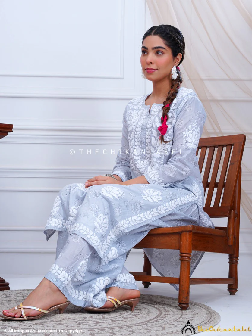 Ruwaab Mulmul Cotton Chikankari Kurta Set-Grey - Image 5