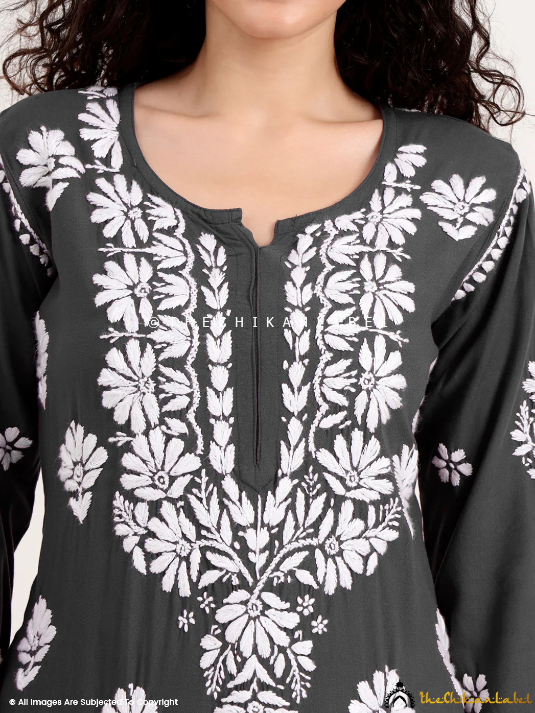 Saira Rayon Straight Chikankari Kurti - Grey - Image 2