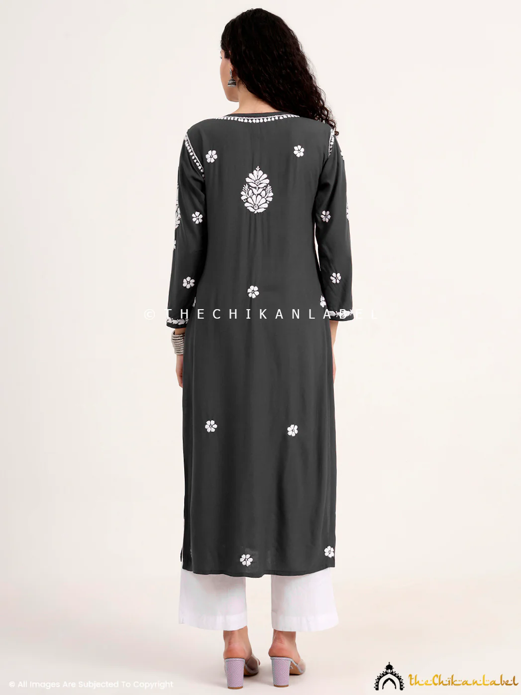 Saira Rayon Straight Chikankari Kurti - Grey - Image 3