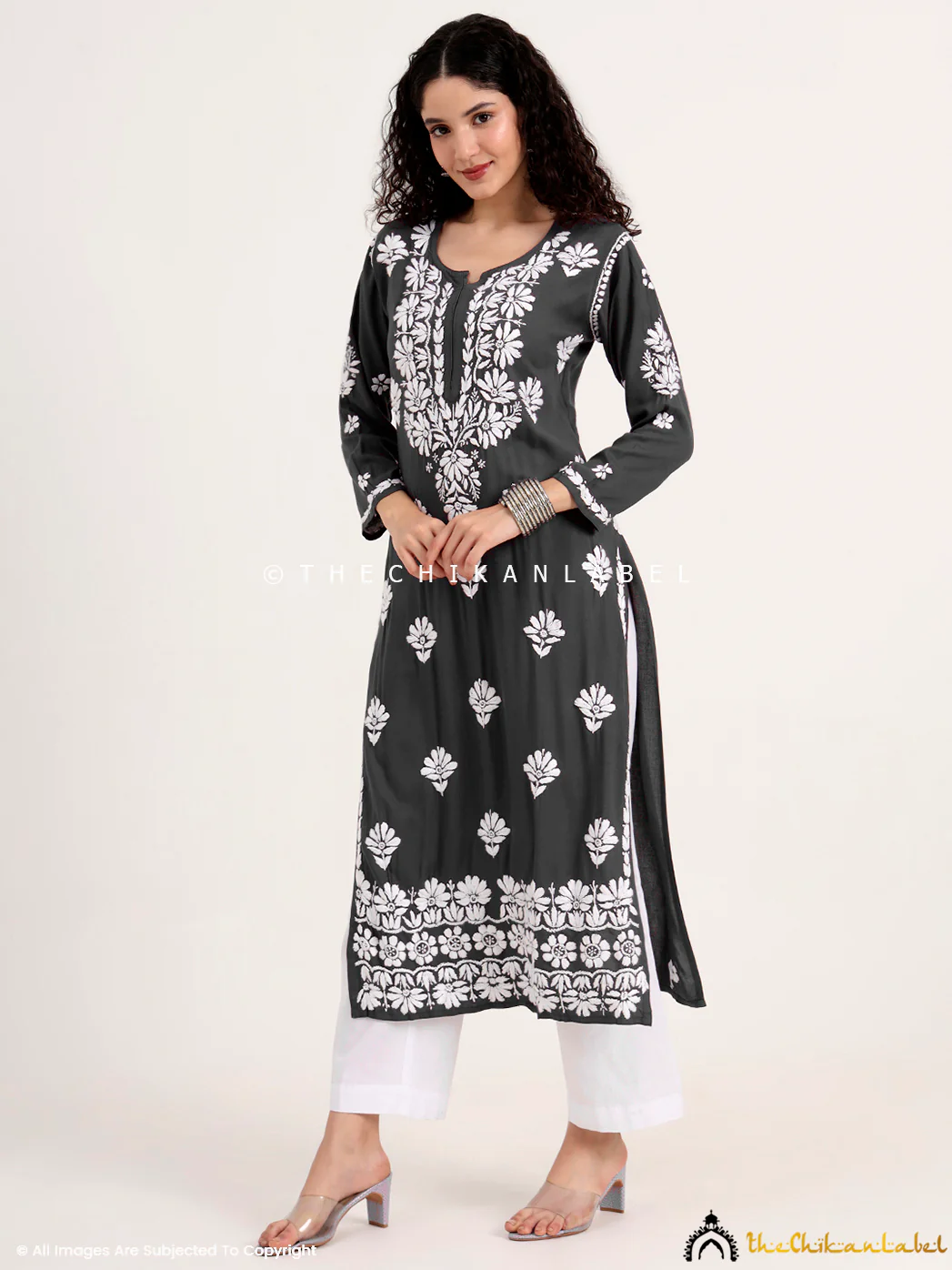 Saira Rayon Straight Chikankari Kurti - Grey - Image 4