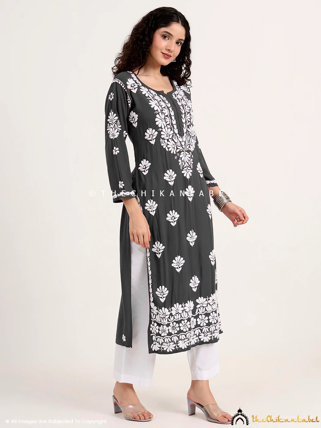 Saira Rayon Straight Chikankari Kurti - Grey - Image 5