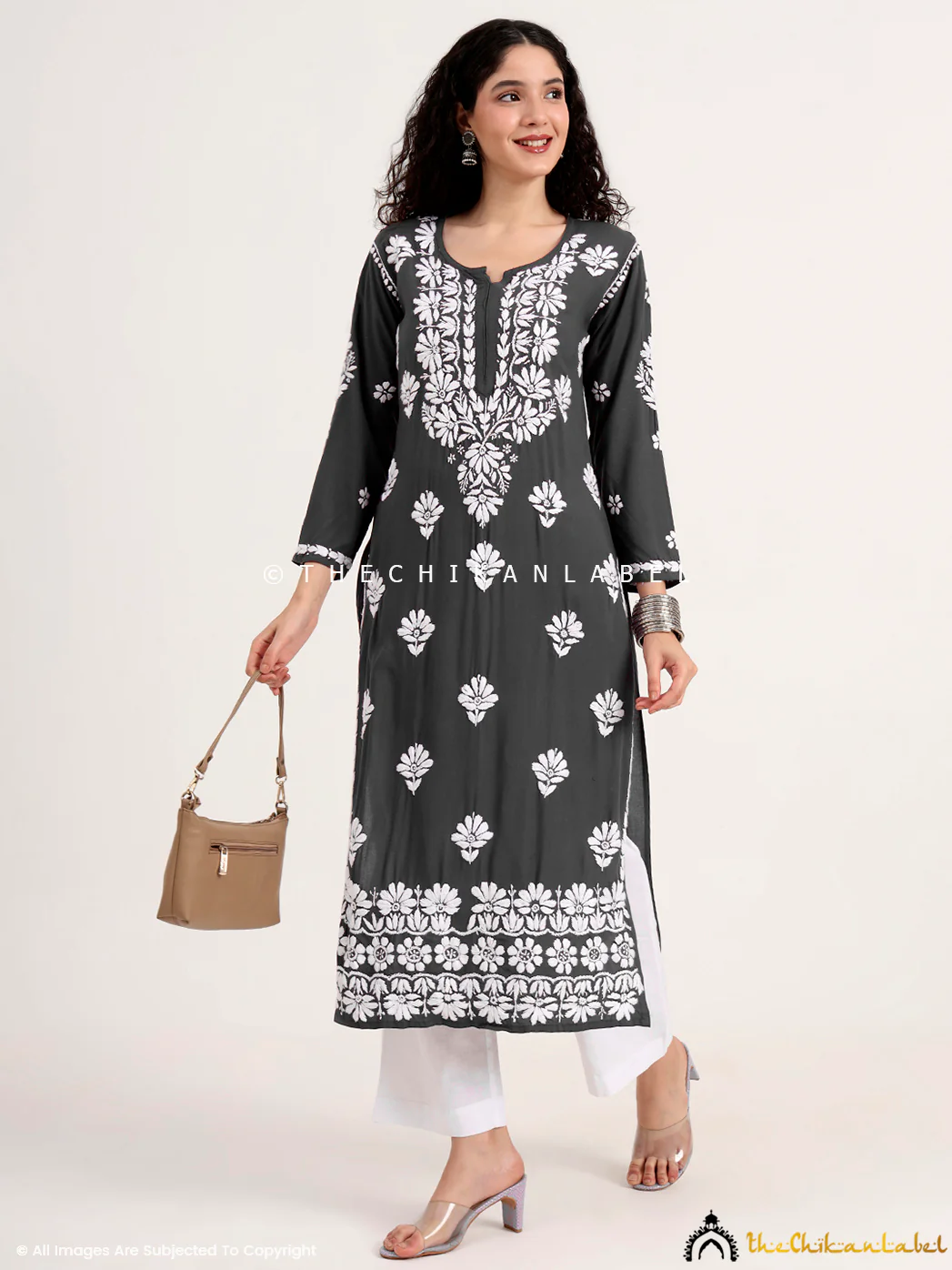 Saira Rayon Straight Chikankari Kurti - Grey - Image 6