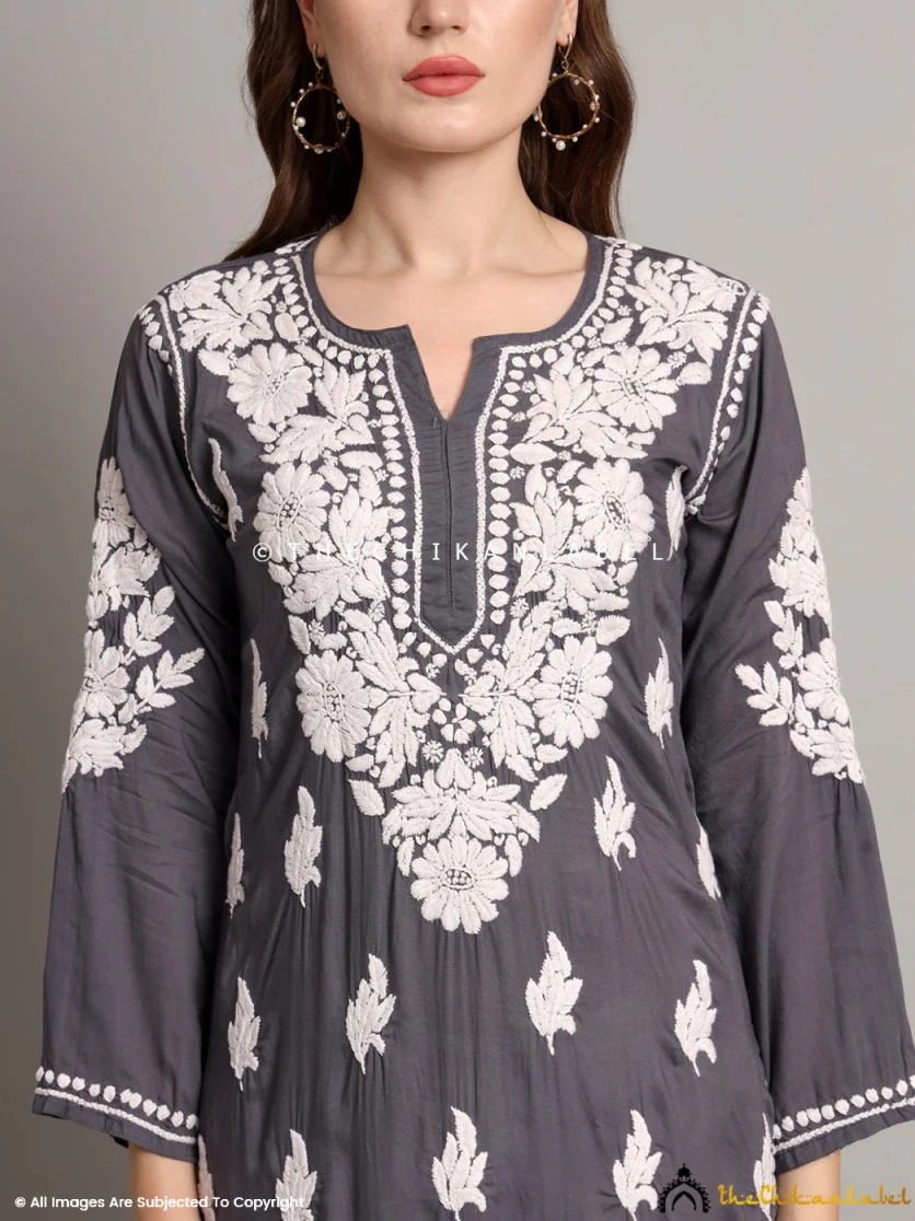 Sanaya Modal Chikankari Straight Kurti-Grey - Image 2