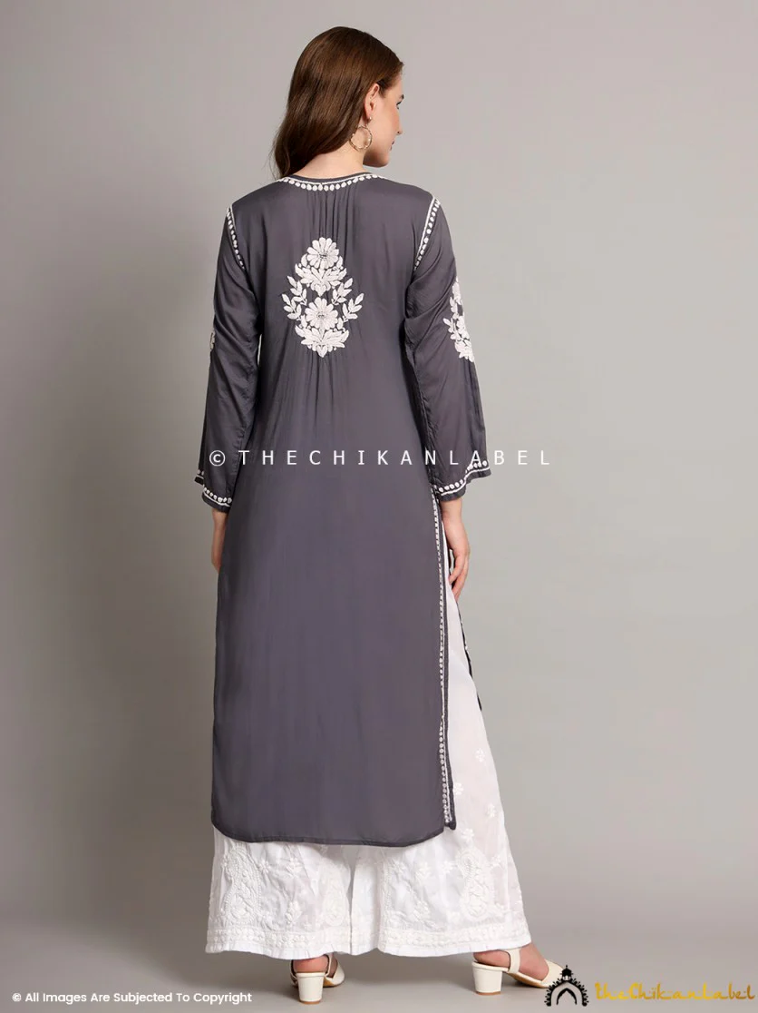 Sanaya Modal Chikankari Straight Kurti-Grey - Image 3