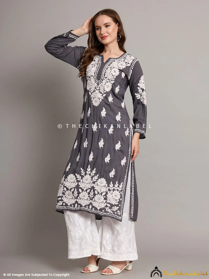 Sanaya Modal Chikankari Straight Kurti-Grey - Image 4