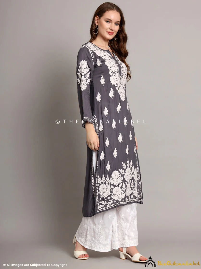 Sanaya Modal Chikankari Straight Kurti-Grey - Image 5