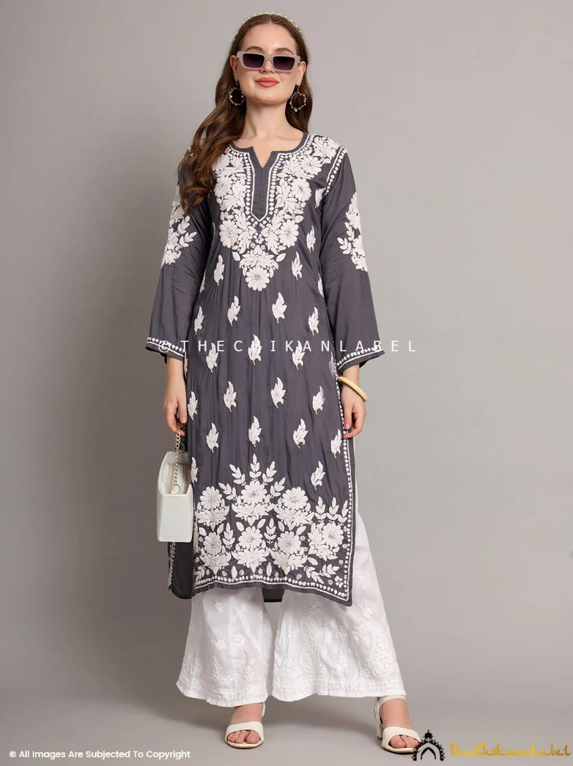 Sanaya Modal Chikankari Straight Kurti-Grey - Image 6