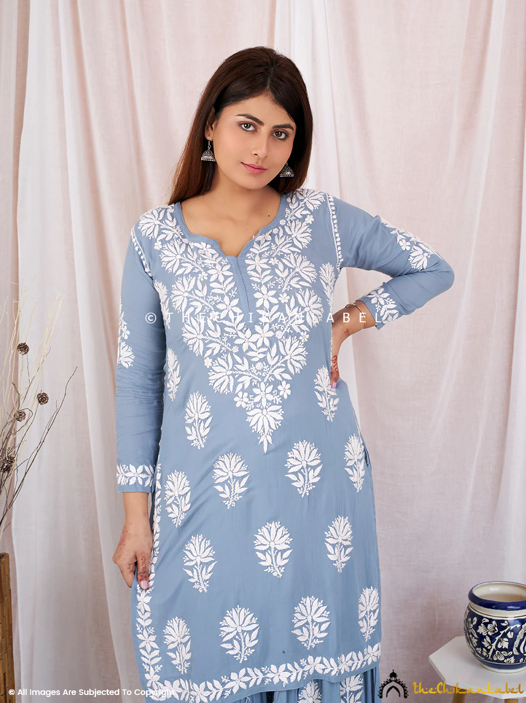 Grey Sun Modal Chikankari Kurta Garara Set - Image 2