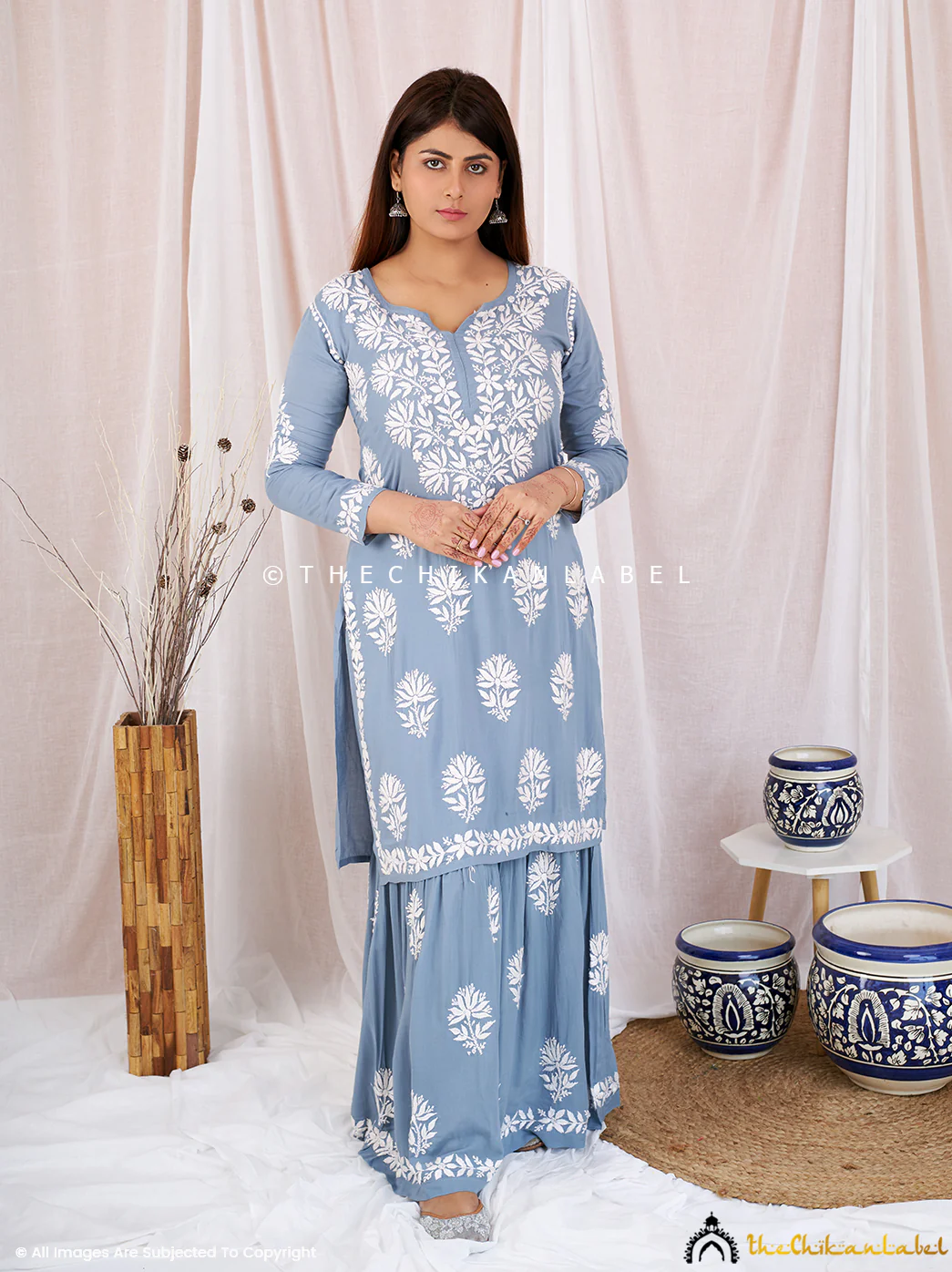 Grey Sun Modal Chikankari Kurta Garara Set - Image 3