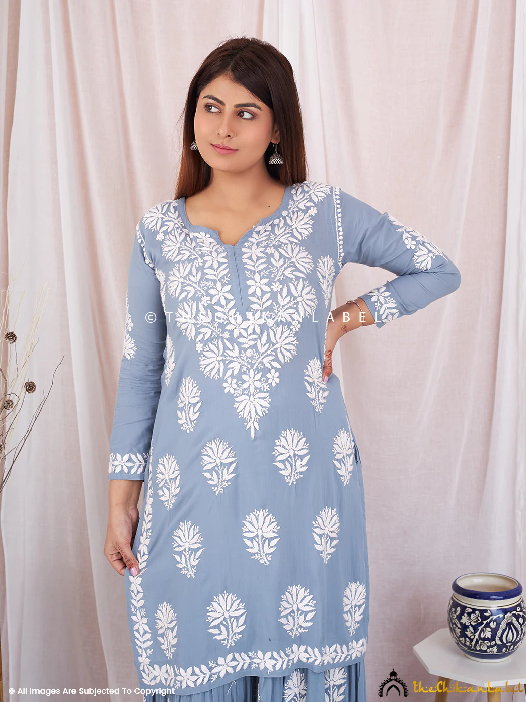 Grey Sun Modal Chikankari Kurta Garara Set - Image 4