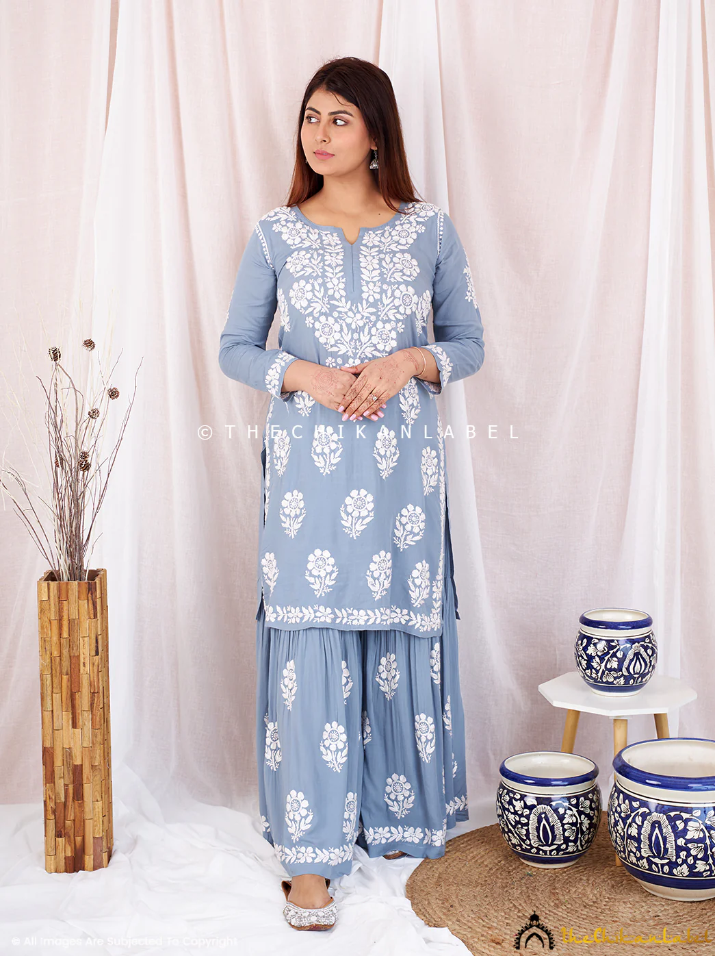 Grey Sun Modal Chikankari Kurta Garara Set - Image 3