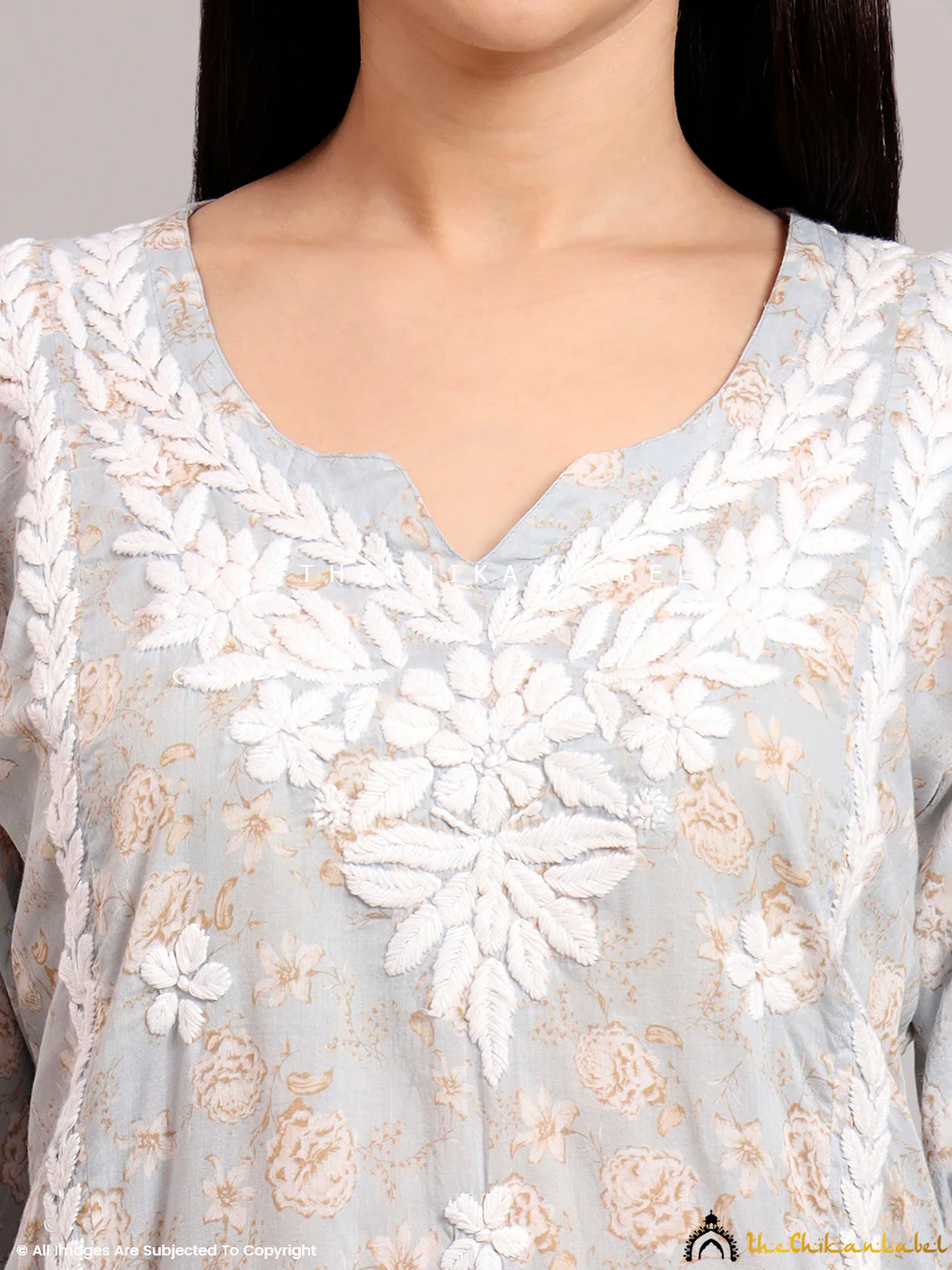 Vedika Mulmul Cotton Chikankari Co-ord Set - Grey - Image 2