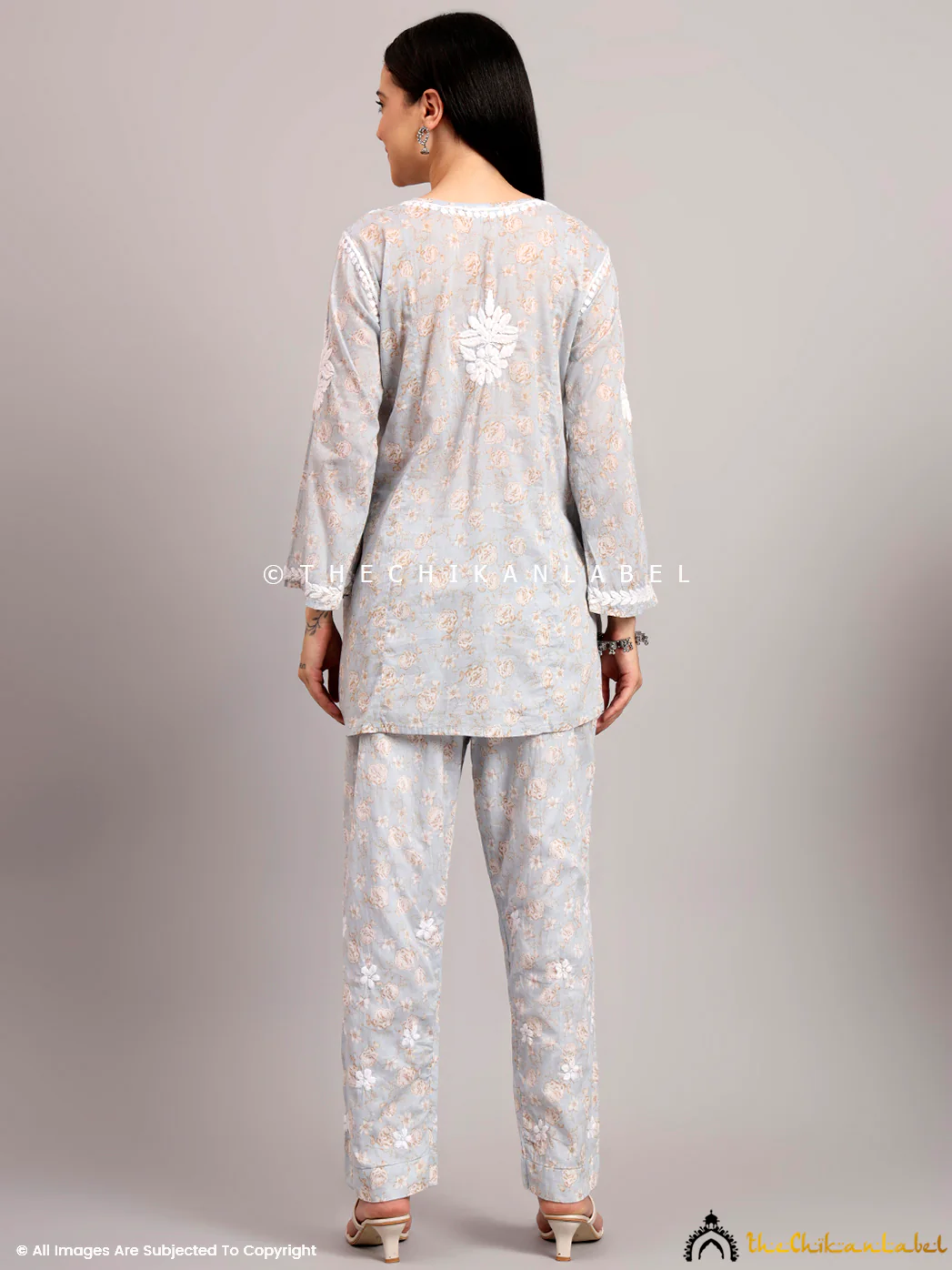 Vedika Mulmul Cotton Chikankari Co-ord Set - Grey - Image 3