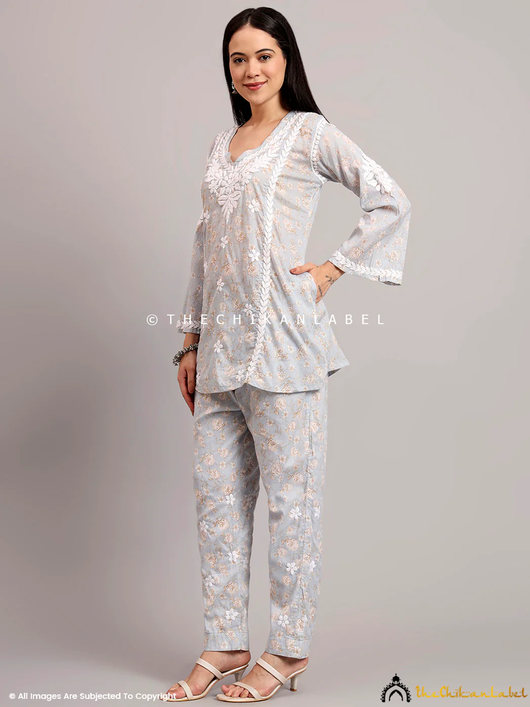 Vedika Mulmul Cotton Chikankari Co-ord Set - Grey - Image 4