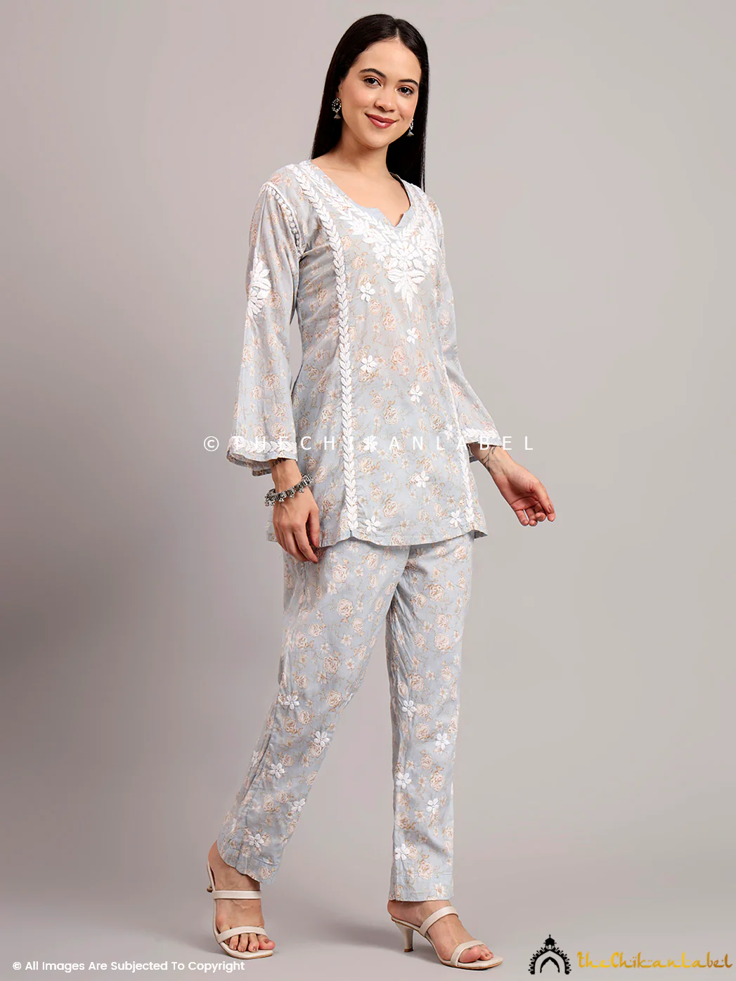 Vedika Mulmul Cotton Chikankari Co-ord Set - Grey - Image 5