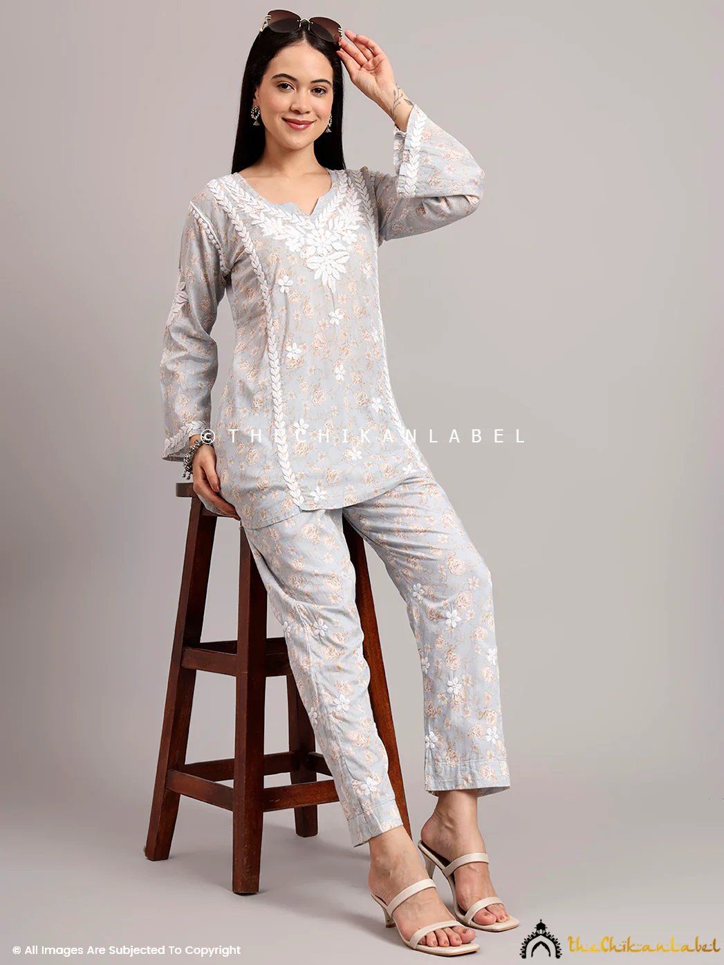 Vedika Mulmul Cotton Chikankari Co-ord Set - Grey - Image 6