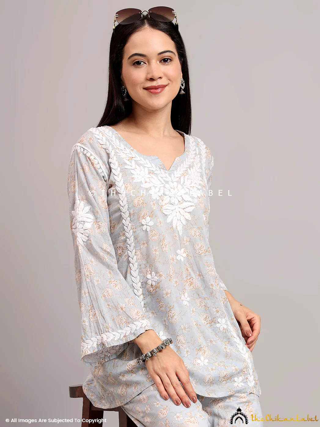Vedika Mulmul Cotton Chikankari Co-ord Set - Grey - Image 7