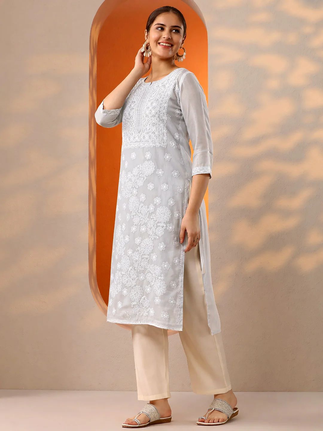 Grey Vira Cotton Chikankari Straight Kurti with inner - Image 4