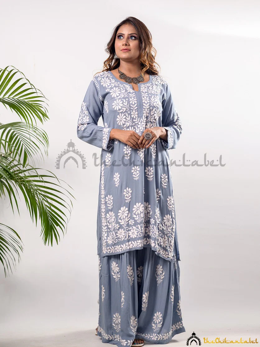 Grey Waida Modal Chikankari Kurta Garara Set - Image 2