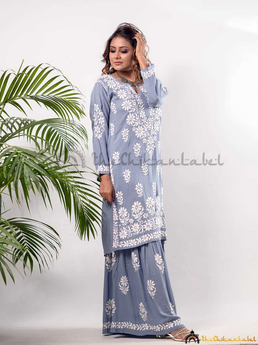Grey Waida Modal Chikankari Kurta Garara Set - Image 3