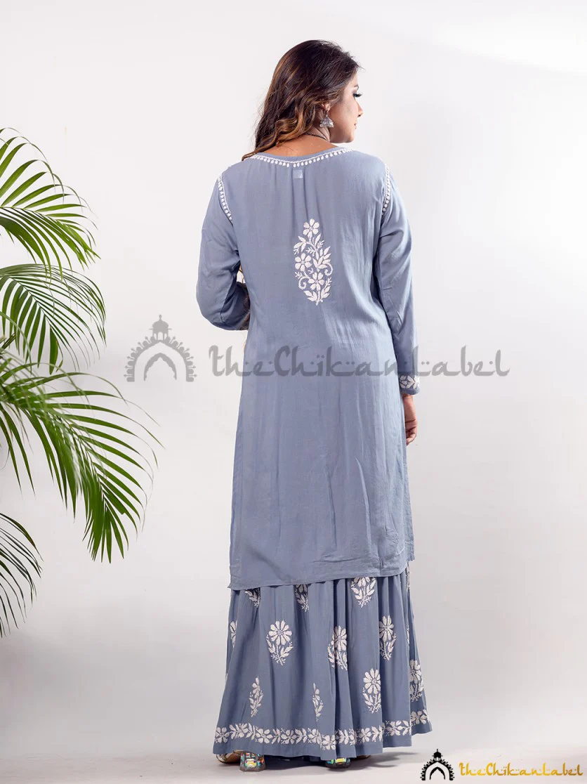 Grey Waida Modal Chikankari Kurta Garara Set - Image 4