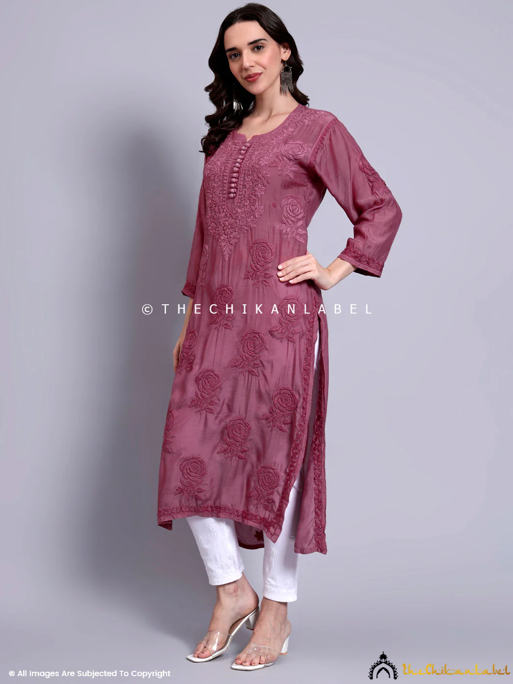 Gulaab Muslin Chikankari Straight Kurti - Mauve - Image 4