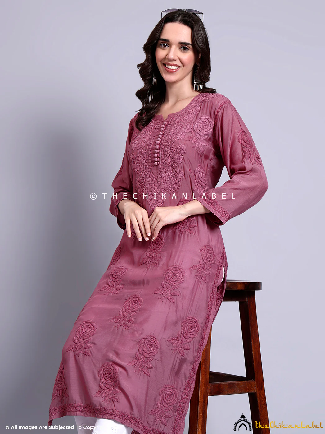 Gulaab Muslin Chikankari Straight Kurti - Mauve - Image 6