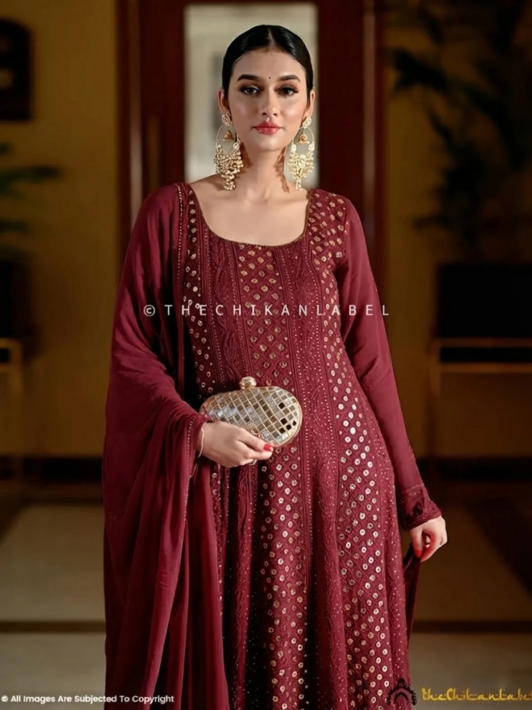 Gulmohar Viscose Chikankari Anarkali - Wine - Image 2
