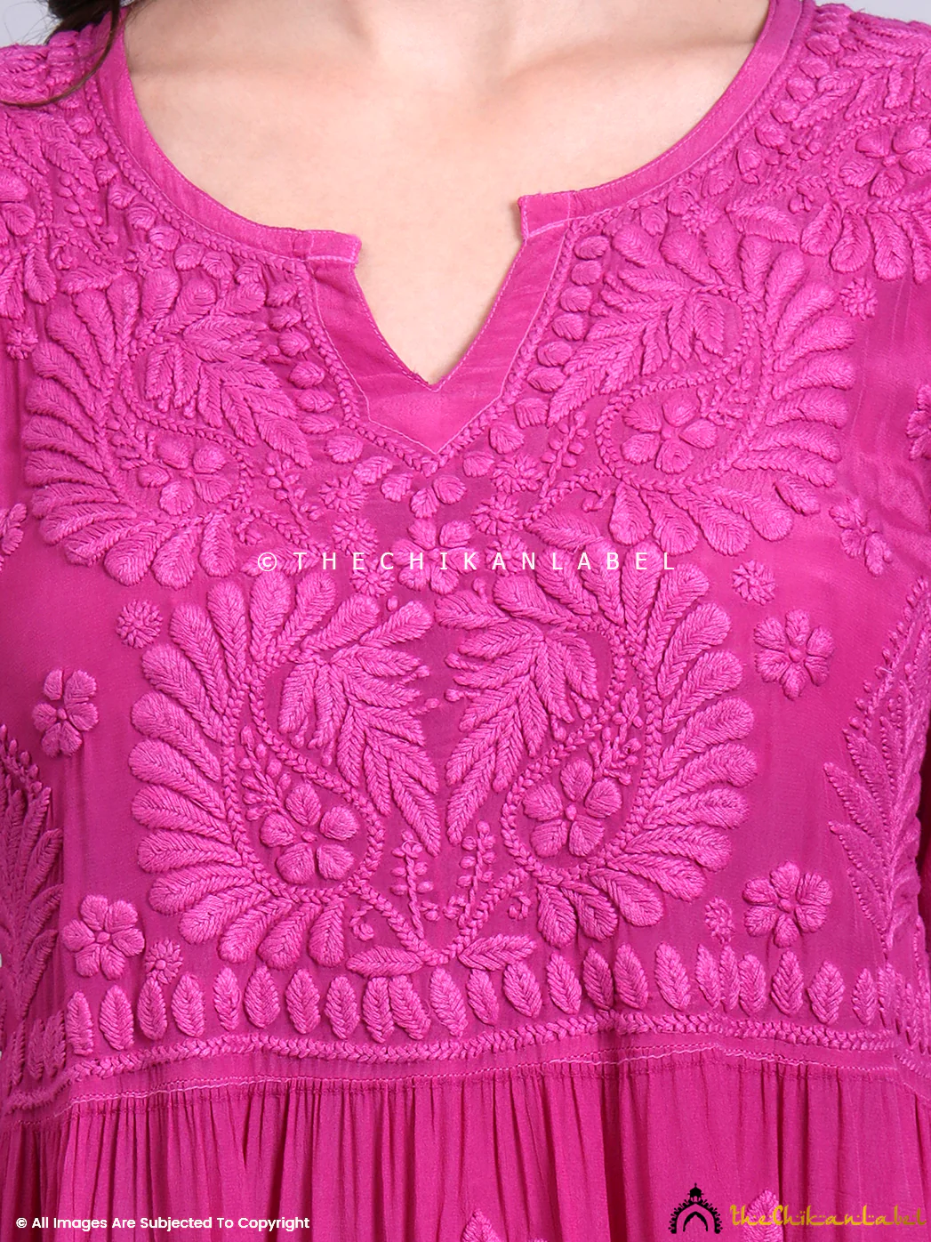 Afsara Crepe Chikankari Tier Tunic Gown - Hot Pink - Image 2