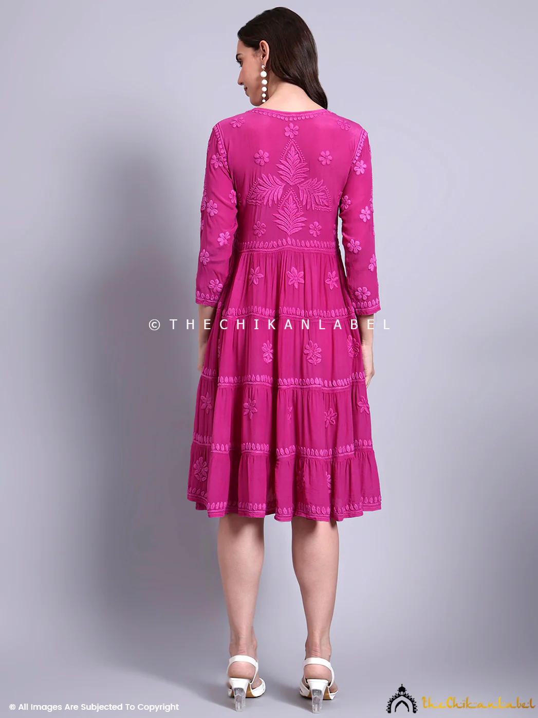 Afsara Crepe Chikankari Tier Tunic Gown - Hot Pink - Image 3